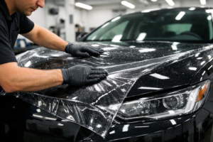 Technician Applying Clear Bra in Auto Shop