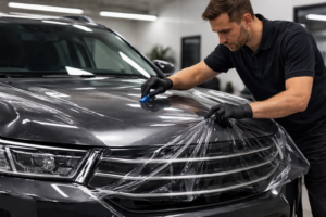 Technician Applying Clear Bra in Auto Shop