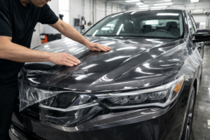 Technician Applying Clear Bra in Auto Shop