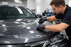 Technician Applying Clear Bra to Vehicle Hood
