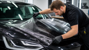 Technician Applying Clear PPF in Auto Shop