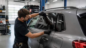 Technician Installing Window Tint in Auto Shop